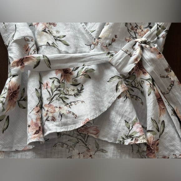 Zara 100% Linen Floral Peplum Wrap Top Sz S Tie Waist Flutter Flare Sleeves NWT| - Picture 11 of 13
